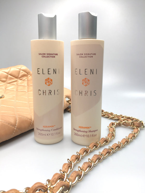 KeraMin Strengthening Shampoo and Conditioner with purse